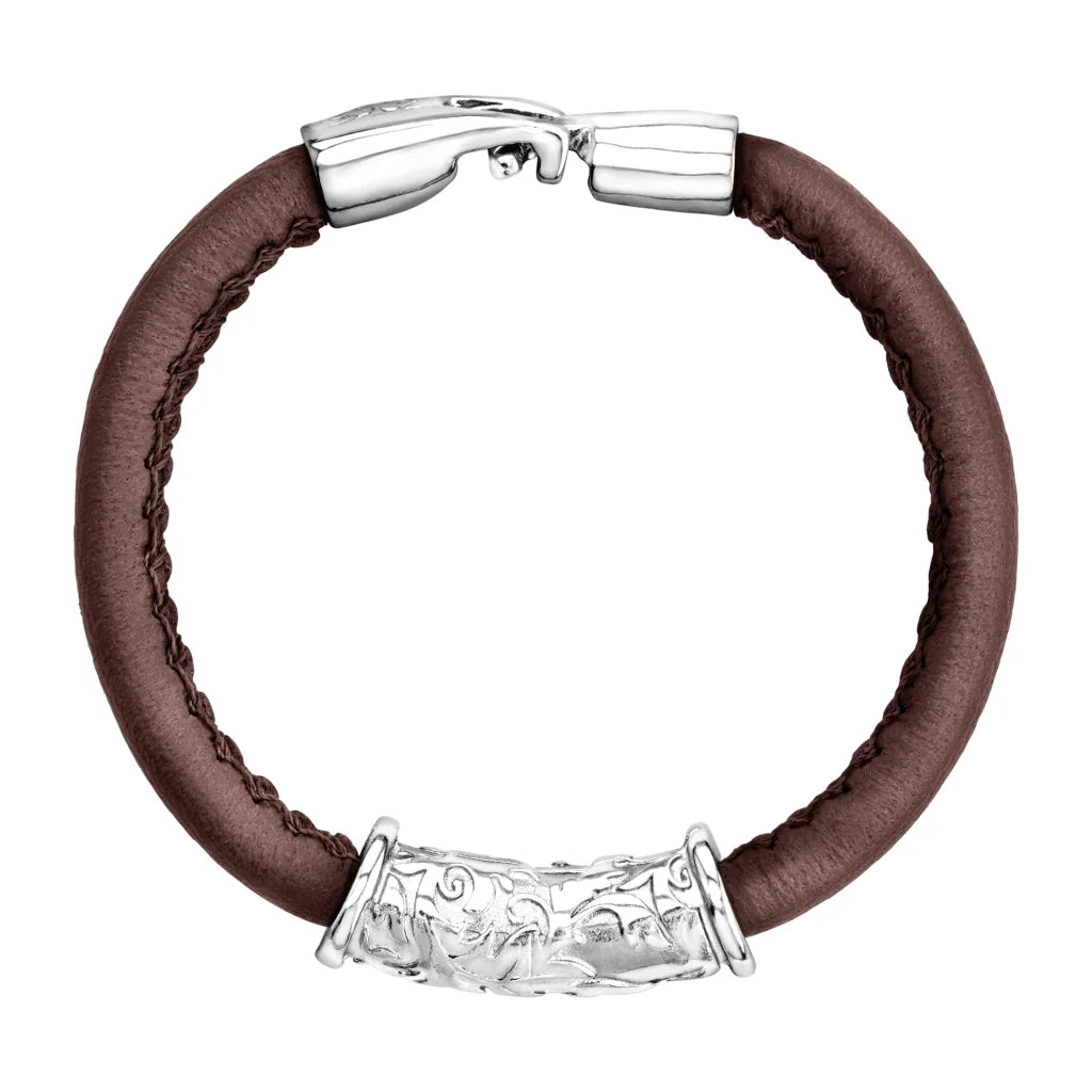 Pulsera Baño de rodio, piel natural nappa, diseño hojas de laurel