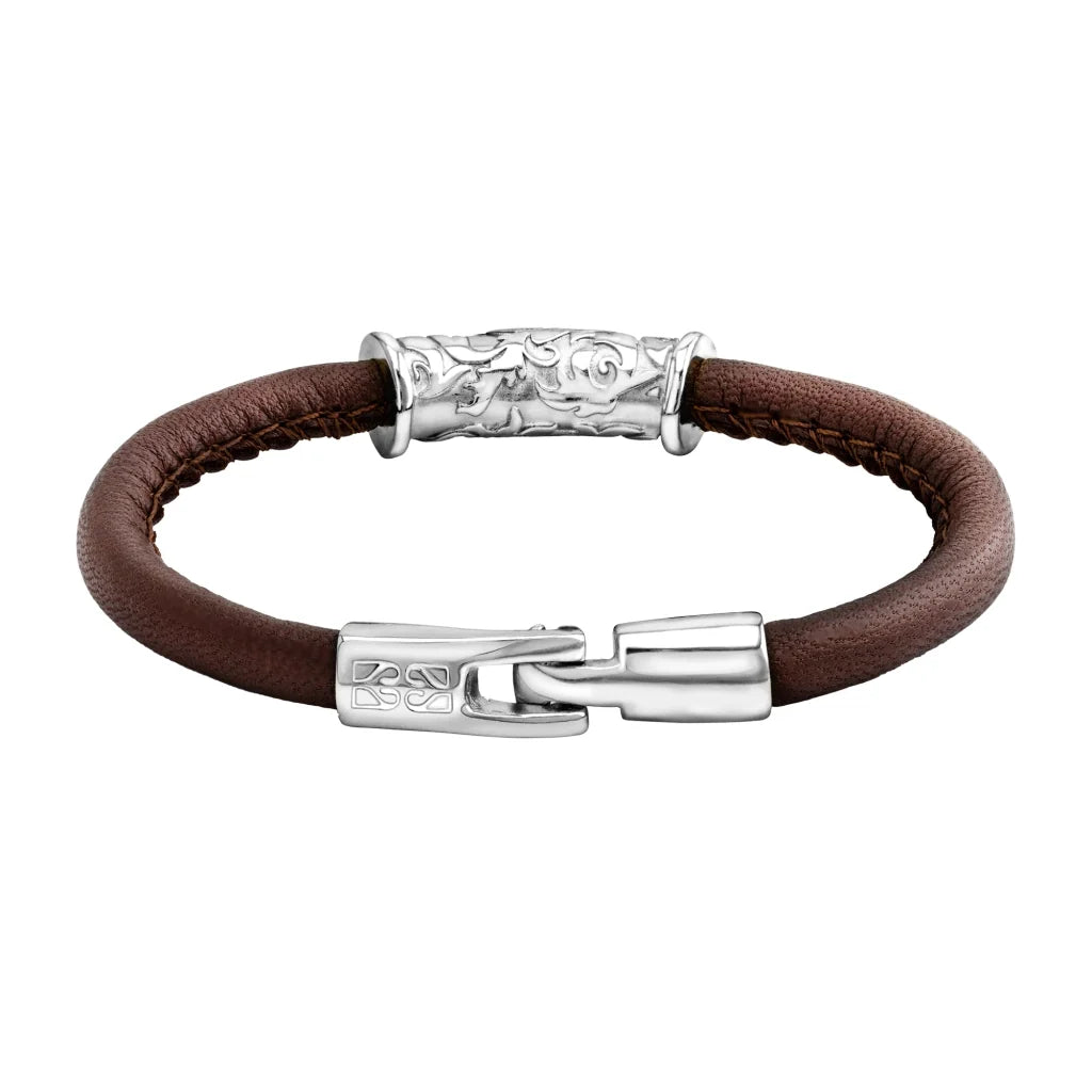 Pulsera Baño de rodio, piel natural nappa, diseño hojas de laurel