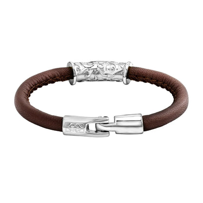 Pulsera Baño de rodio, piel natural nappa, diseño hojas de laurel