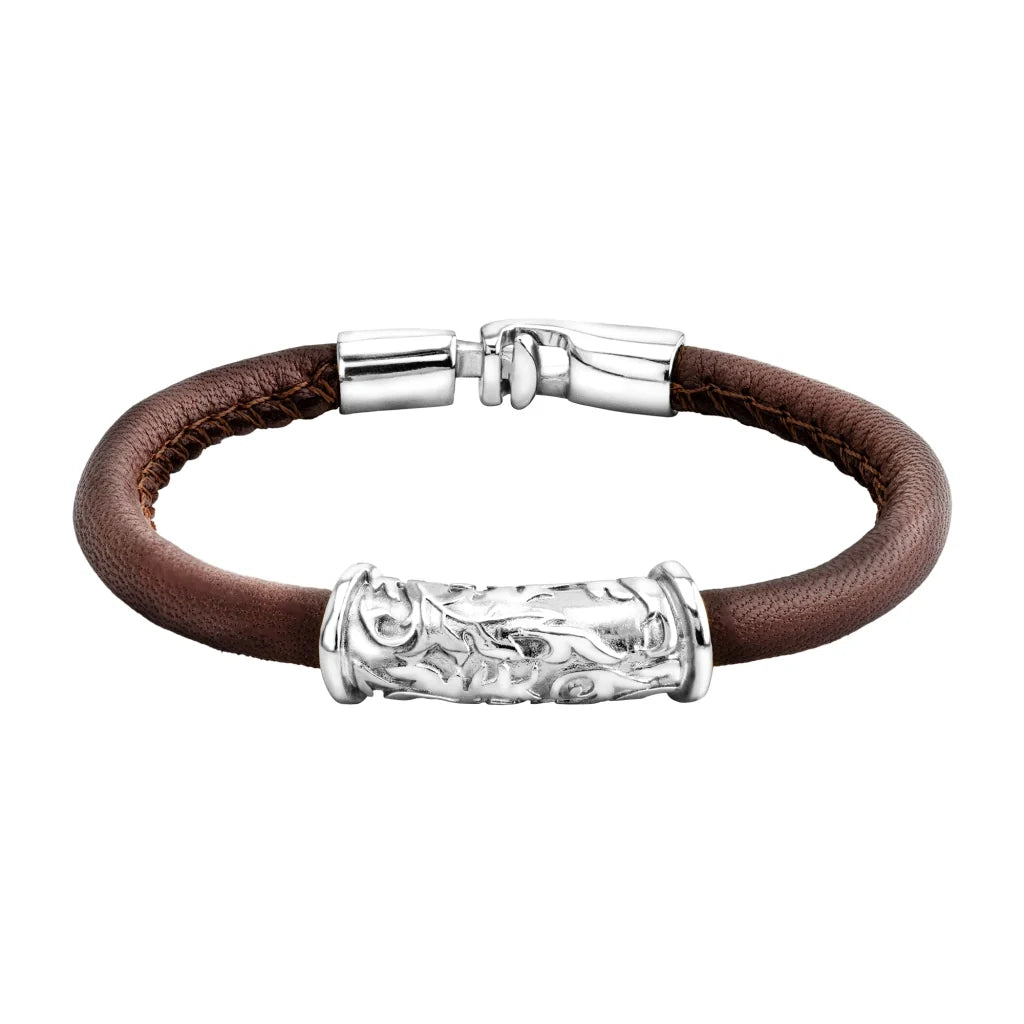 Pulsera Baño de rodio, piel natural nappa, diseño hojas de laurel