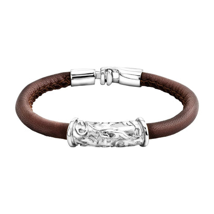 Pulsera Baño de rodio, piel natural nappa, diseño hojas de laurel