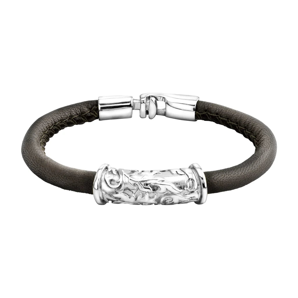 Pulsera Baño de rodio, piel natural nappa, diseño hojas de laurel