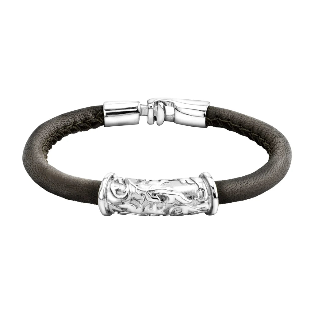 Pulsera Baño de rodio, piel natural nappa, diseño hojas de laurel
