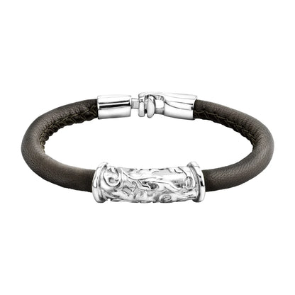 Pulsera Baño de rodio, piel natural nappa, diseño hojas de laurel