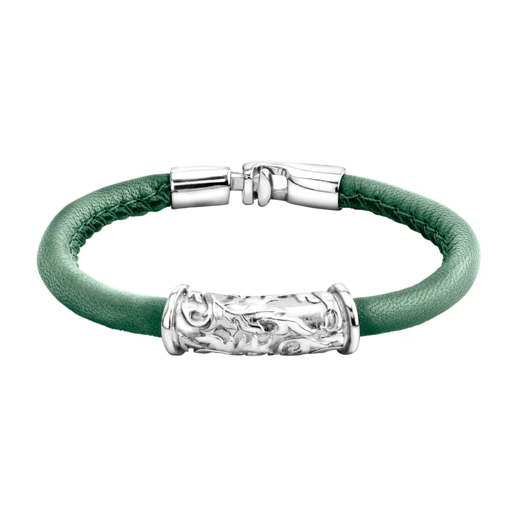 Pulsera Baño de rodio, piel natural nappa, diseño hojas de laurel