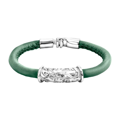 Pulsera Baño de rodio, piel natural nappa, diseño hojas de laurel