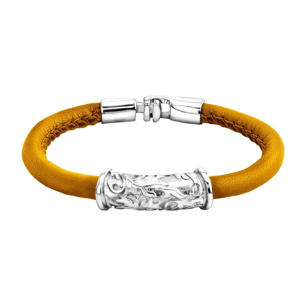 Pulsera Baño de rodio, piel natural nappa, diseño hojas de laurel