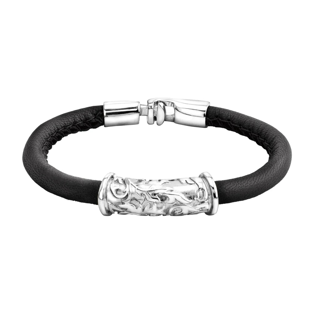 Pulsera Baño de rodio, piel natural nappa, diseño hojas de laurel