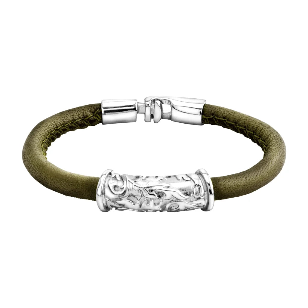 Pulsera Baño de rodio, piel natural nappa, diseño hojas de laurel