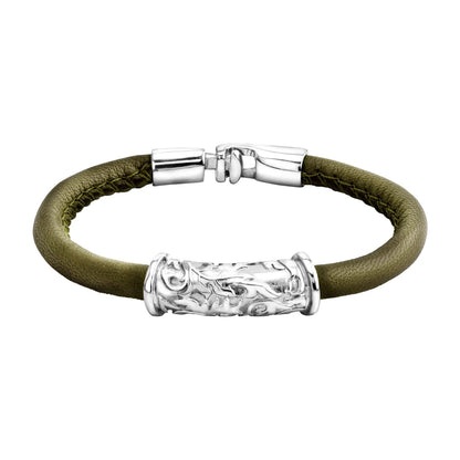 Pulsera Baño de rodio, piel natural nappa, diseño hojas de laurel
