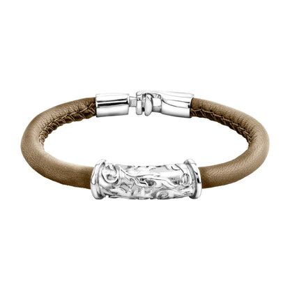 Pulsera Baño de rodio, piel natural nappa, diseño hojas de laurel