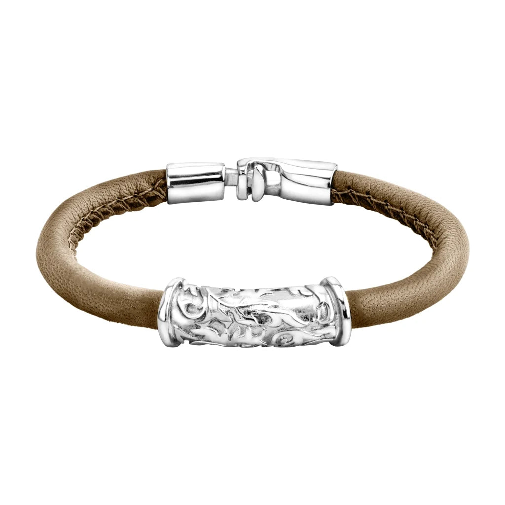 Pulsera Baño de rodio, piel natural nappa, diseño hojas de laurel