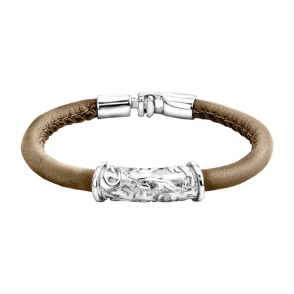 Pulsera Baño de rodio, piel natural nappa, diseño hojas de laurel