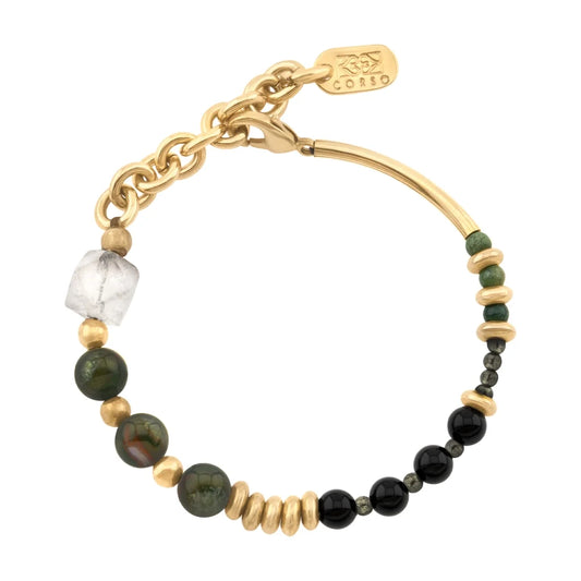 Pulsera ajustable con piedra jade 8mm, ónix 6mm, ágata musgosa 4mm, cuarzo natural, con broche y elementos en baño de oro de 22K - Joyería y bisutería fina