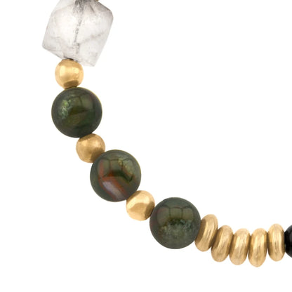 Pulsera ajustable con piedra jade 8mm, ónix 6mm, ágata musgosa 4mm, cuarzo natural, con broche y elementos en baño de oro de 22K - Joyería y bisutería fina