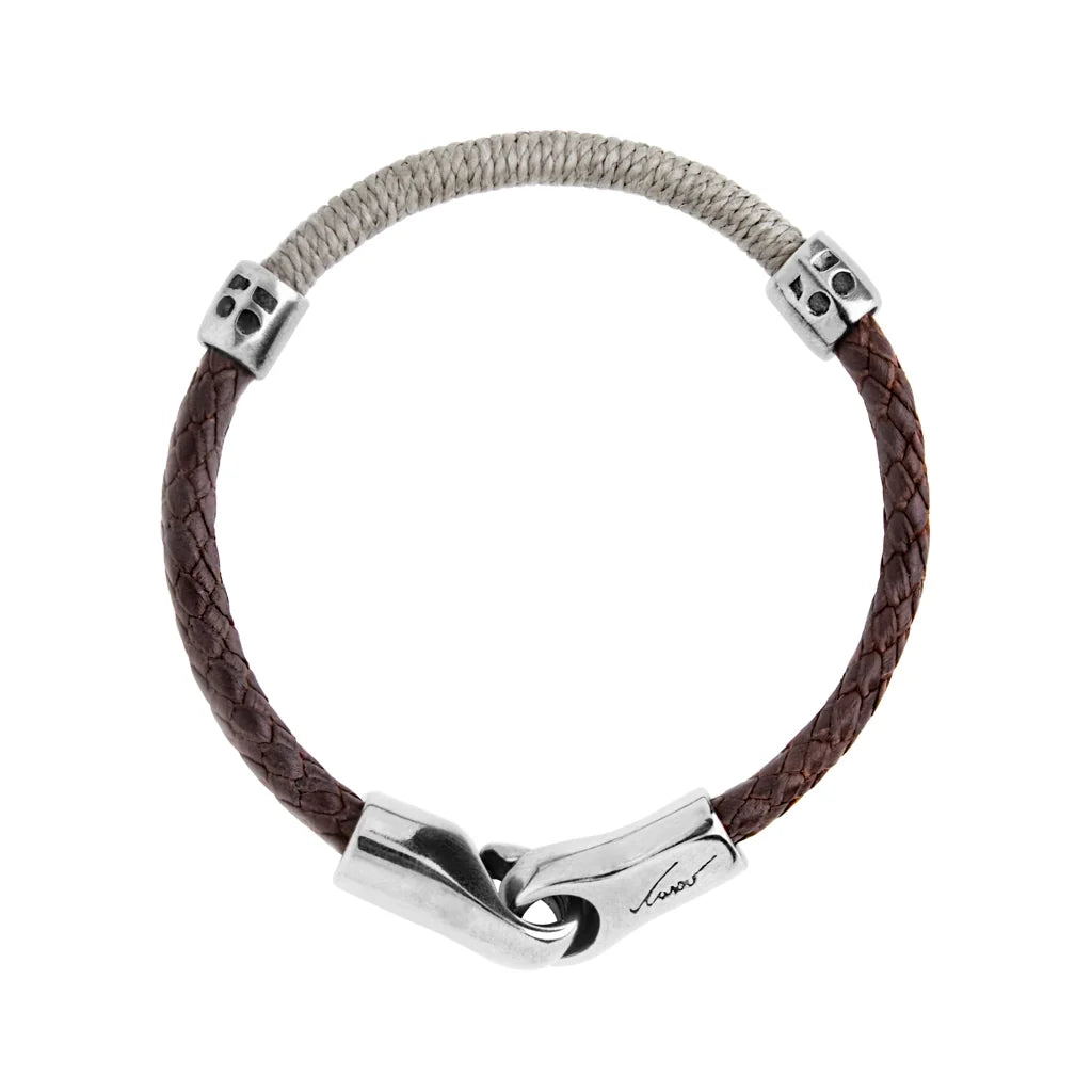 Pulsera para hombre con piel natural de borrego trenzada, elemento tubular en hilo encerado, detalles y broche en terminado acero - Joyería y bisutería fina