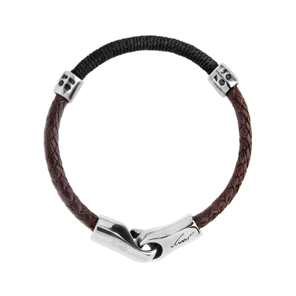 Pulsera para hombre con piel natural de borrego trenzada, elemento tubular en hilo encerado, detalles y broche en terminado acero - Joyería y bisutería fina
