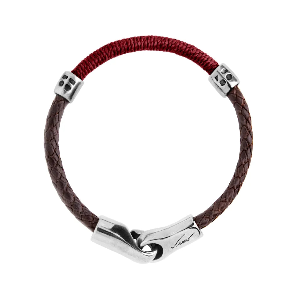 Pulsera para hombre con piel natural de borrego trenzada, elemento tubular en hilo encerado, detalles y broche en terminado acero - Joyería y bisutería fina
