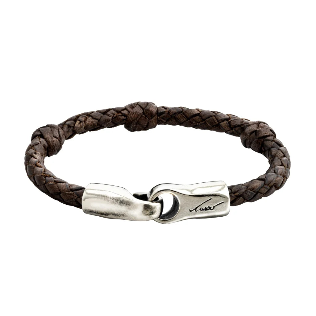 Pulsera con trenza en piel natural de borrego. Incluye nudos de piel y un broche de gancho en terminado acero inoxidable - Joyería y bisutería fina