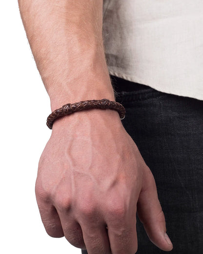 Pulsera con trenza en piel natural de borrego. Incluye nudos de piel y un broche de gancho en terminado acero inoxidable - Joyería y bisutería fina