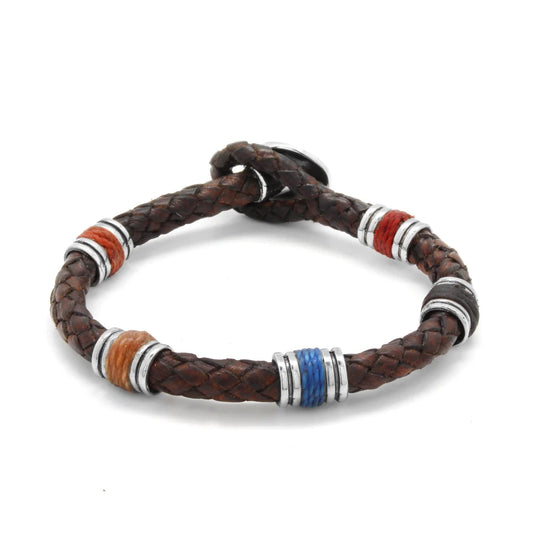 Pulsera para hombre, elaborada con piel natural de borrego trenzada, elementos en terminado acero con detalles en hilo encerado y broche de botón en terminado acero - Joyería y bisutería fina