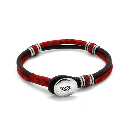 Pulsera para hombre, elaborada con piel natural de vaca, detalles en hilo encerado, cilindros y broche de botón en terminado acero - Joyería y bisutería fina