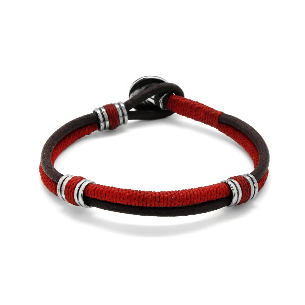 Pulsera para hombre, elaborada con piel natural de vaca, detalles en hilo encerado, cilindros y broche de botón en terminado acero - Joyería y bisutería fina