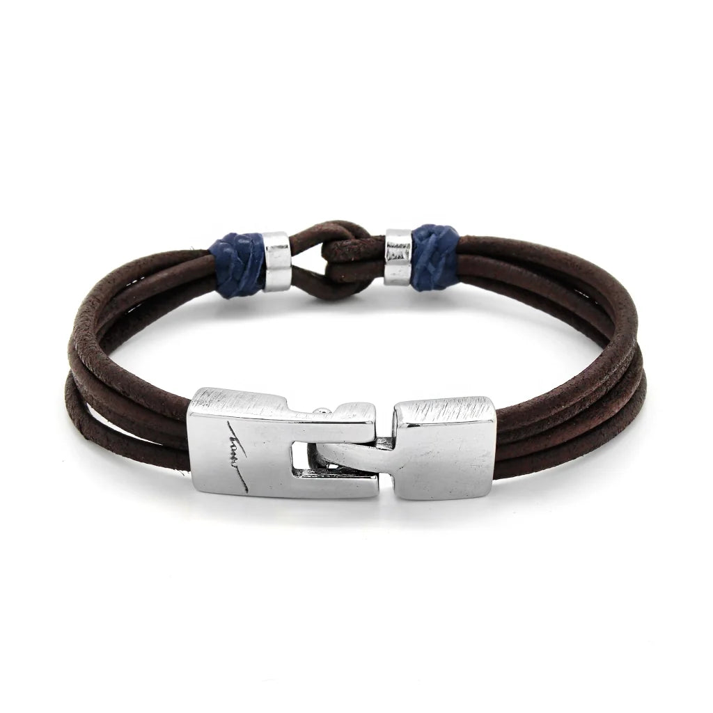 Pulsera para hombre, elaborada con piel natural de vaca, budos en piel natural de borrego, detalles y broche en terminado acero - Joyería y bisutería fina