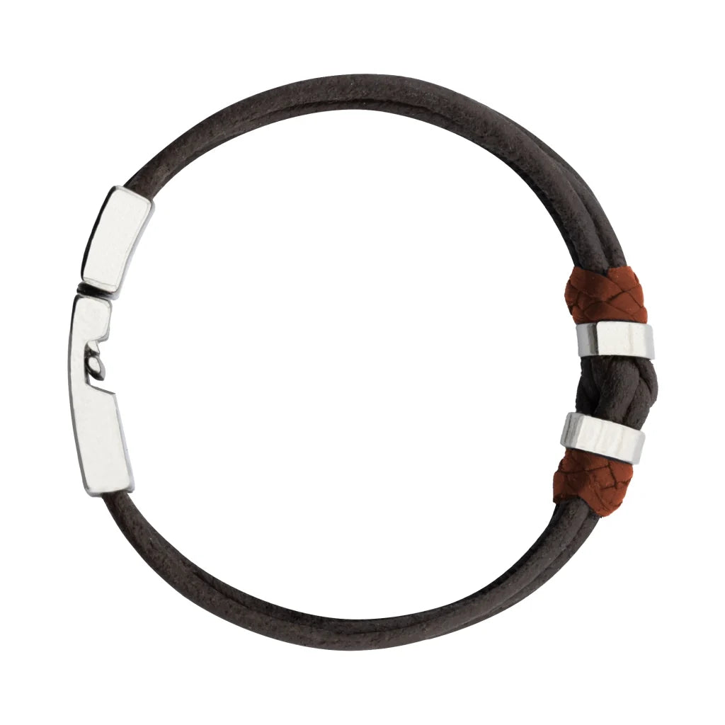 Pulsera para hombre, elaborada con piel natural de vaca, budos en piel natural de borrego, detalles y broche en terminado acero - Joyería y bisutería fina