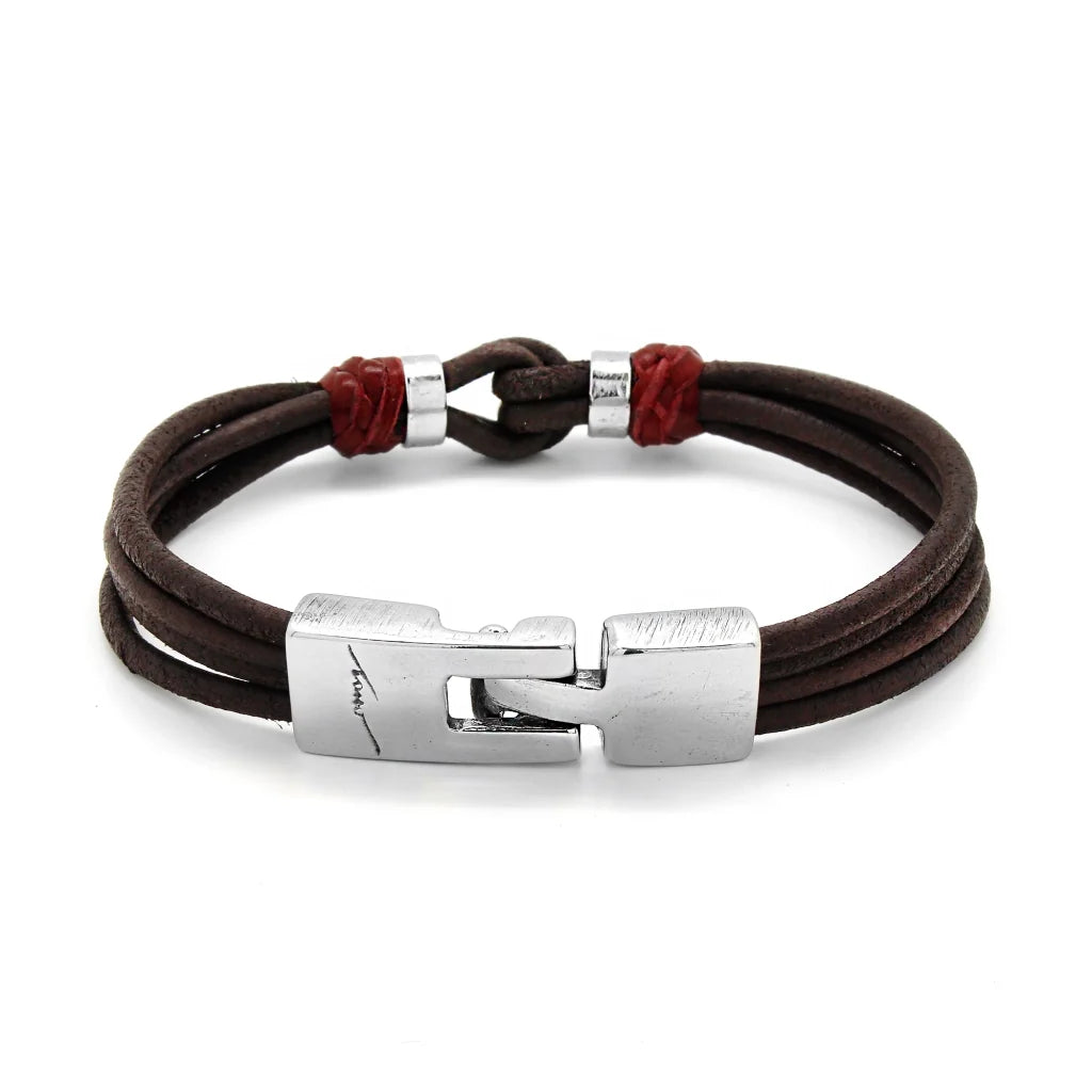 Pulsera para hombre, elaborada con piel natural de vaca, budos en piel natural de borrego, detalles y broche en terminado acero - Joyería y bisutería fina
