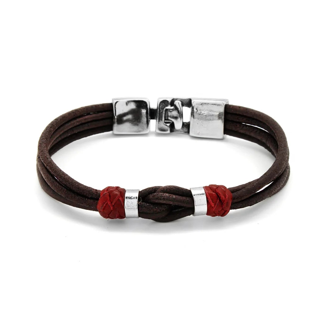 Pulsera para hombre, elaborada con piel natural de vaca, budos en piel natural de borrego, detalles y broche en terminado acero - Joyería y bisutería fina