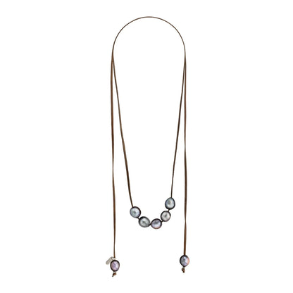 Collar ajustable de piel de canguro con 7 perlas tahitianas 8-10mm - Joyería y bisutería fina