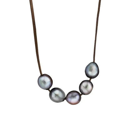 Collar ajustable de piel de canguro con 7 perlas tahitianas 8-10mm - Joyería y bisutería fina