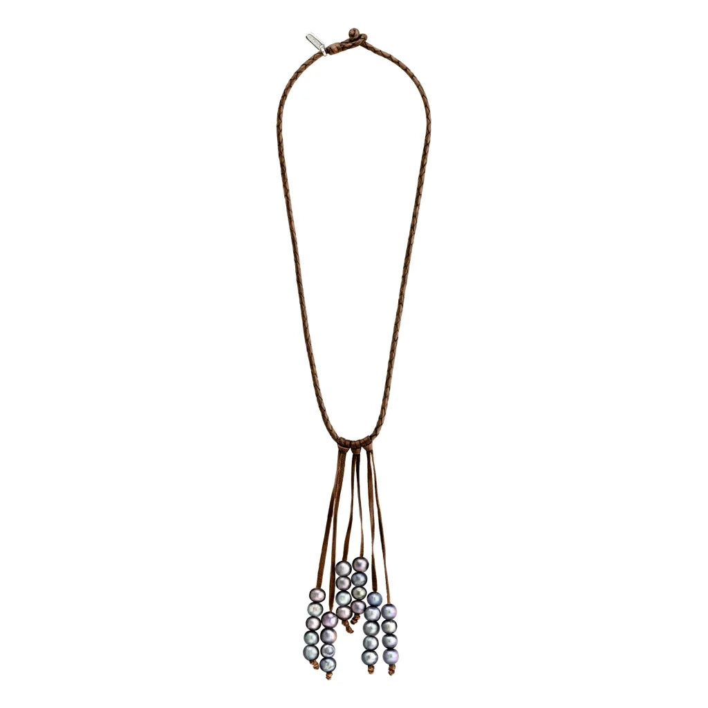 Collar ed piel natural de borrego en trenza redonda de 4 hilos, con 27 perlas tahitianas 8-10mm - Joyería y bisutería fina