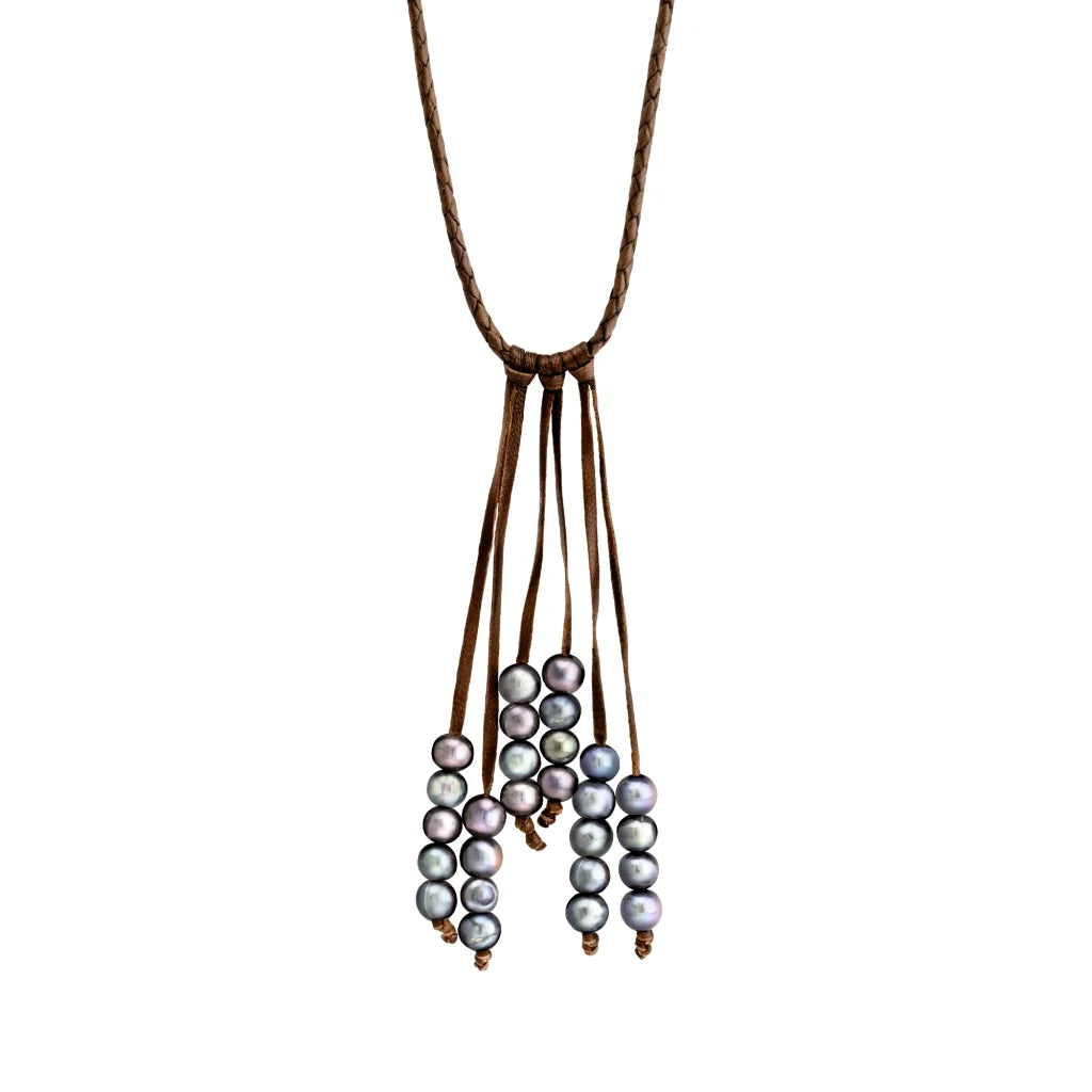 Collar de piel natural de borrego en trenza redonda de 4 hilos, con 27 perlas tahitianas 8-10mm - Joyería y bisutería fina