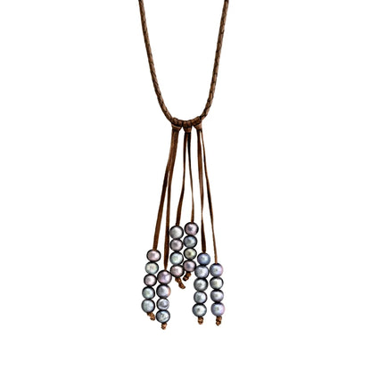 Collar de piel natural de borrego en trenza redonda de 4 hilos, con 27 perlas tahitianas 8-10mm - Joyería y bisutería fina