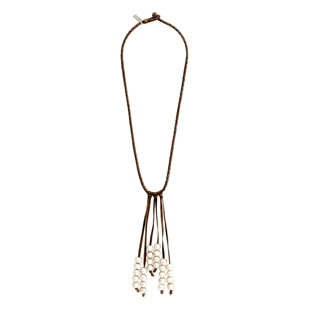 Collar de piel natural de borrego en trenza redonda de 4 hilos, con 27 perlas japonesas 8-10mm - Joyería y bisutería fina