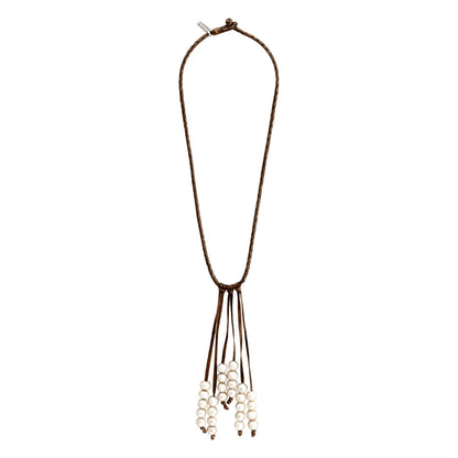 Collar de piel natural de borrego en trenza redonda de 4 hilos, con 27 perlas japonesas 8-10mm - Joyería y bisutería fina