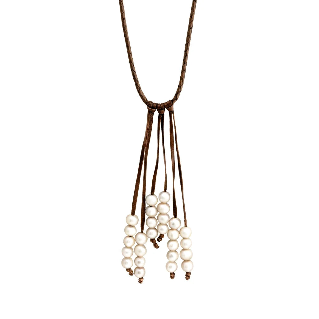 Collar de piel natural de borrego en trenza redonda de 4 hilos, con 27 perlas japonesas 8-10mm - Joyería y bisutería fina