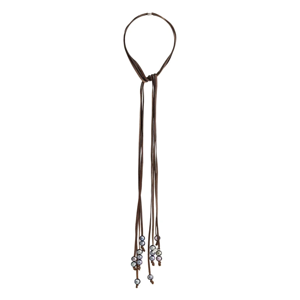 Collar ajustable de piel de borrego con 15 perlas tahitianas 8-10mm - Joyería y bisutería fina