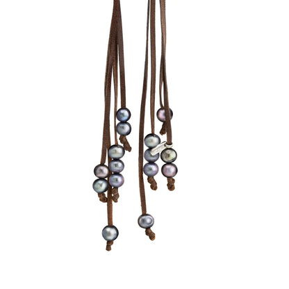 Collar ajustable de piel de borrego con 15 perlas tahitianas 8-10mm - Joyería y bisutería fina