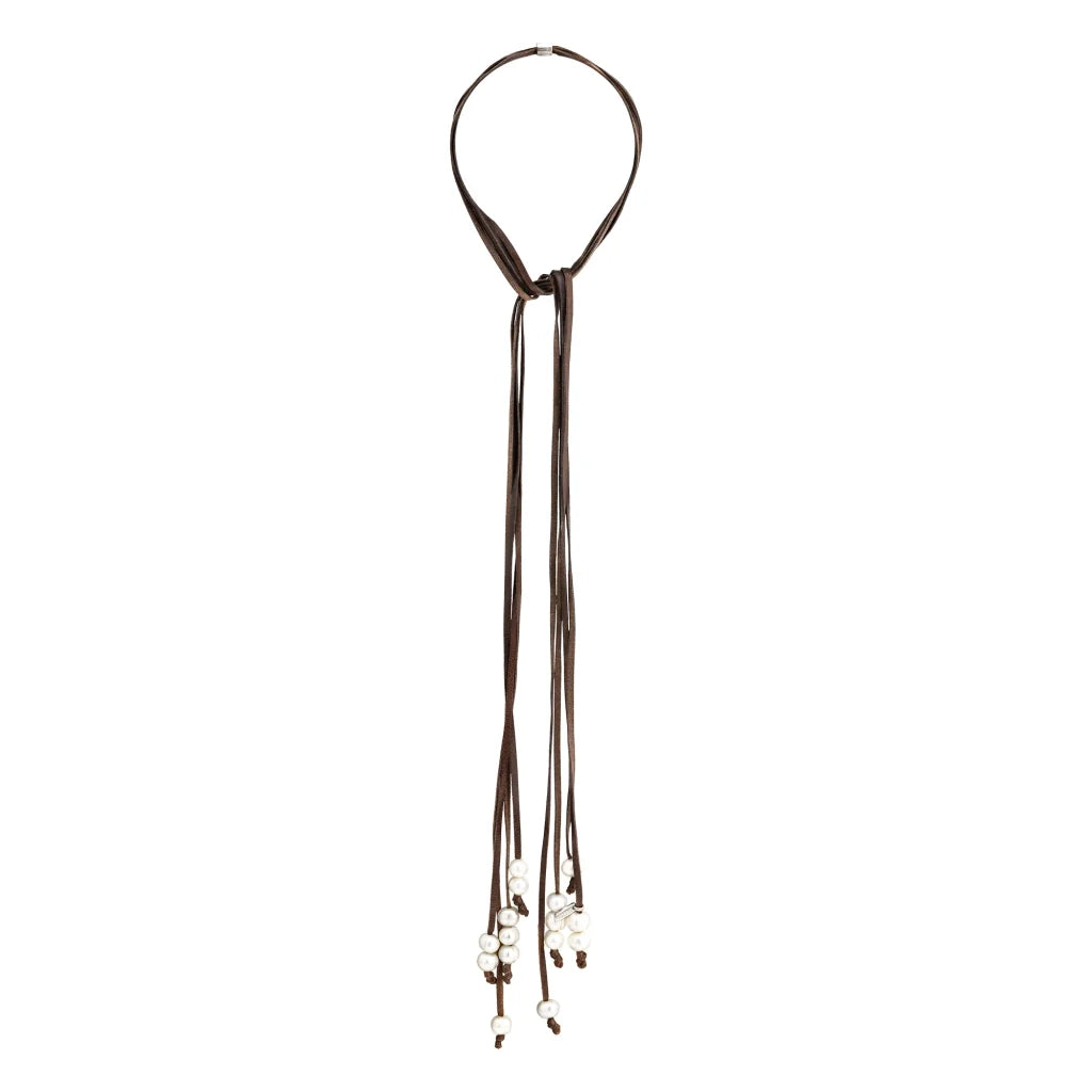 Collar ajustable de piel de borrego con 15 perlas japonesas 8-10mm - Joyería y bisutería fina