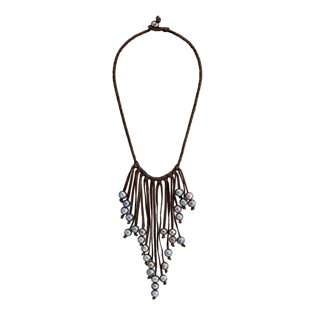 Collar de piel natural de borrego en trenza redonda de 4 hilos, con 29 perlas tahitianas 8-10mm - Joyería y bisutería fina