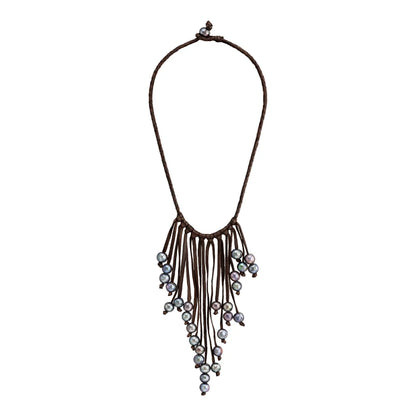 Collar de piel natural de borrego en trenza redonda de 4 hilos, con 29 perlas tahitianas 8-10mm - Joyería y bisutería fina