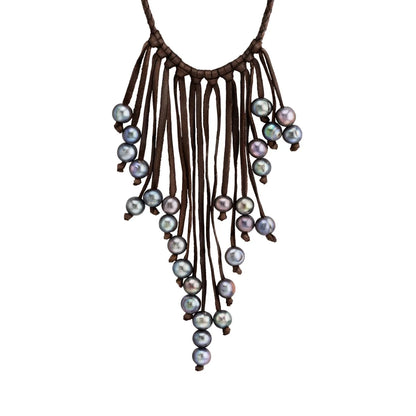Collar de piel natural de borrego en trenza redonda de 4 hilos, con 29 perlas tahitianas 8-10mm - Joyería y bisutería fina
