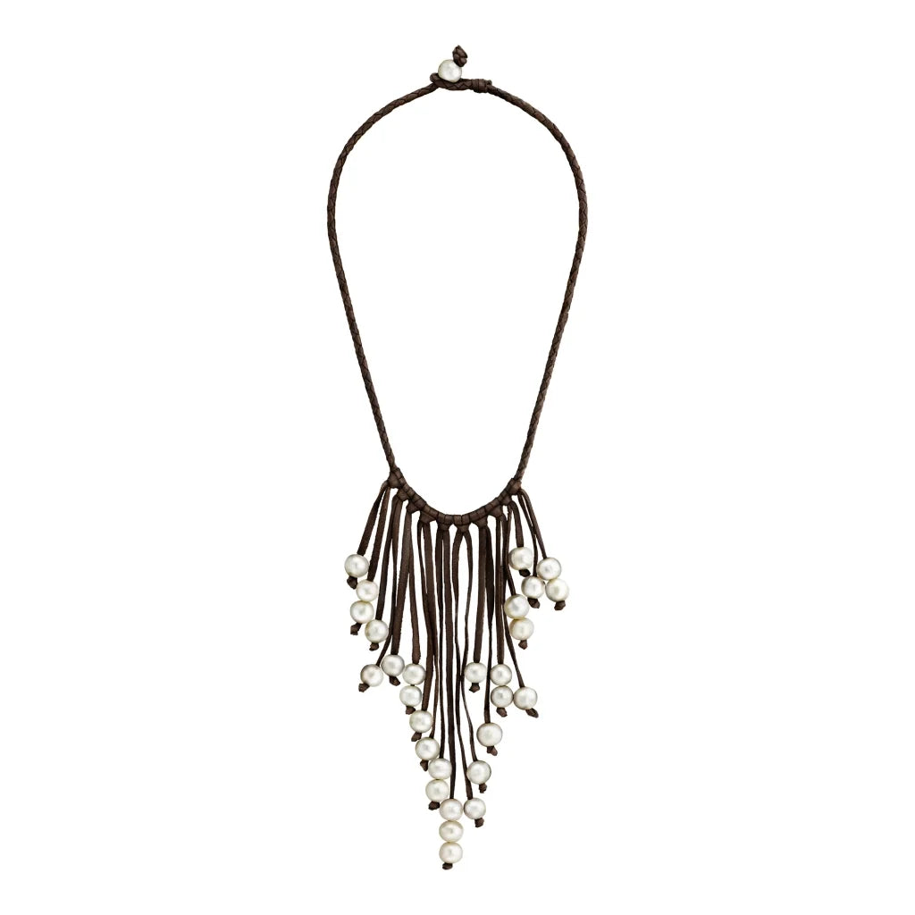 Collar de piel natural de borrego en trenza redonda de 4 hilos, con 29 perlas japonesas 8-10mm - Joyería y bisutería fina