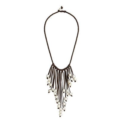 Collar de piel natural de borrego en trenza redonda de 4 hilos, con 29 perlas japonesas 8-10mm - Joyería y bisutería fina