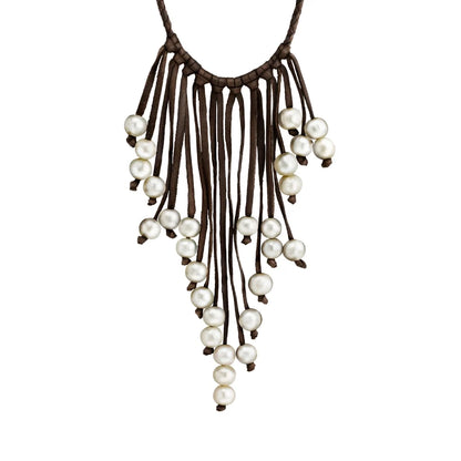 Collar de piel natural de borrego en trenza redonda de 4 hilos, con 29 perlas japonesas 8-10mm - Joyería y bisutería fina