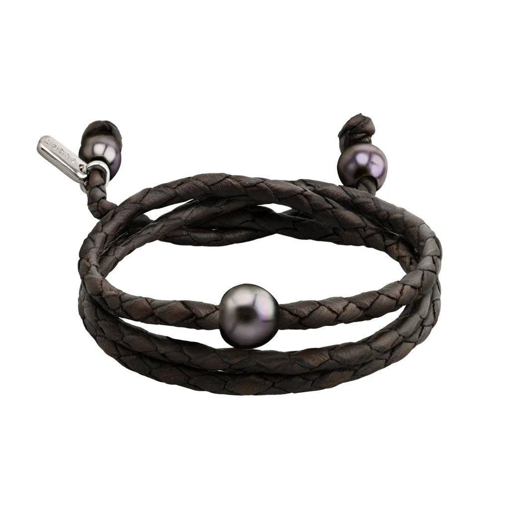 Pulsera/choker de 60cm de piel de borrego en trenza redonda de 4 hilos con 3 perlas tahitianas 8-10mm - Joyería y bisutería fina