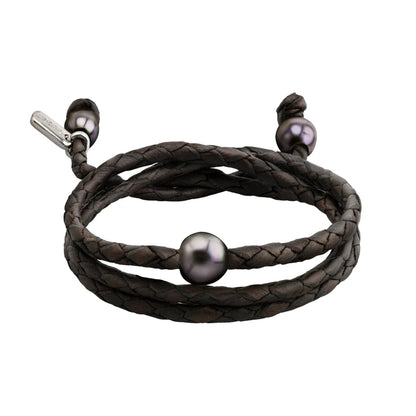 Pulsera/choker de 60cm de piel de borrego en trenza redonda de 4 hilos con 3 perlas tahitianas 8-10mm - Joyería y bisutería fina